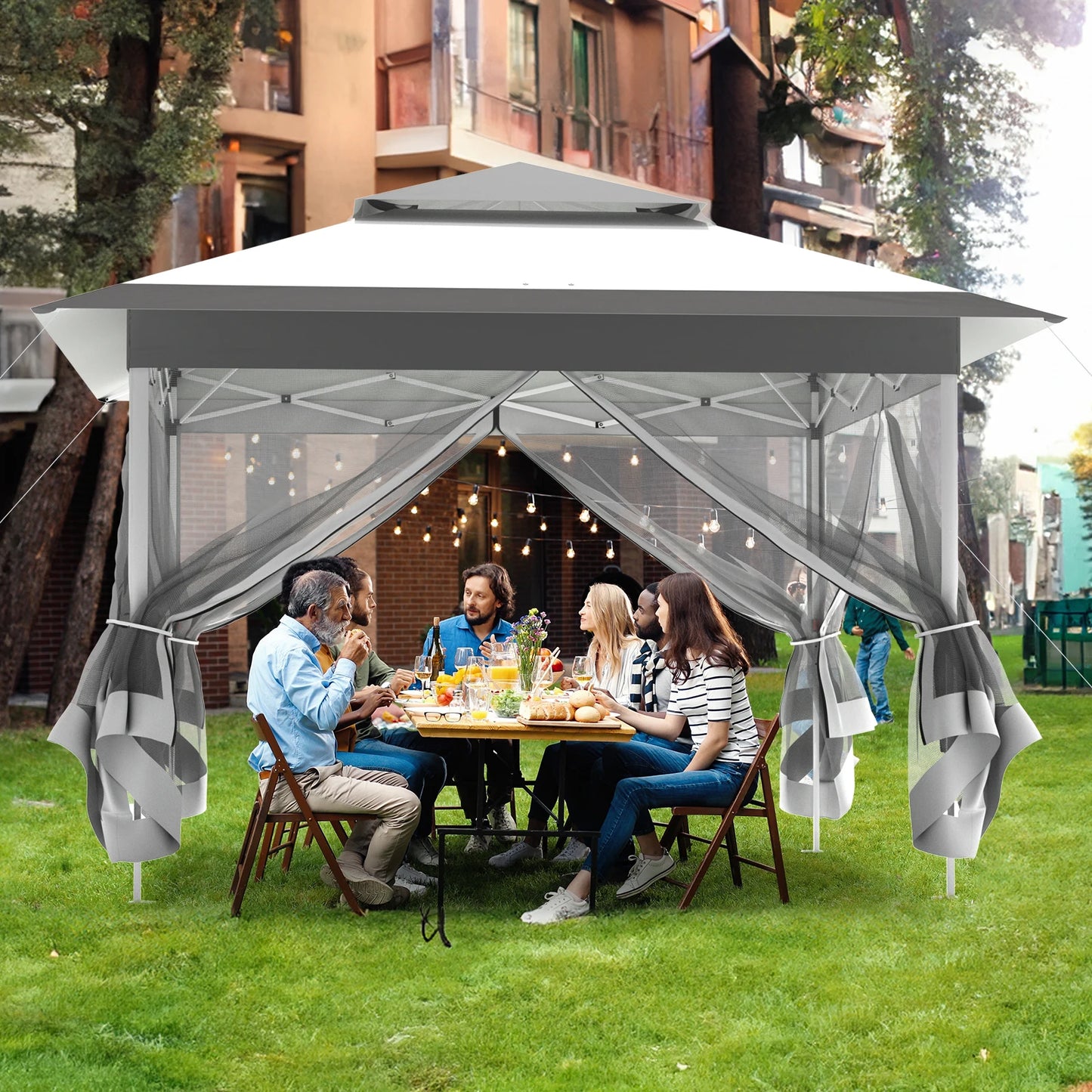 3.3x3.3m Outdoor Gazebo Canopy with 4 Detachable Mosquito Nets, UV and Rainproof Gazebo Patio Pop Up with Double Eaves Folding