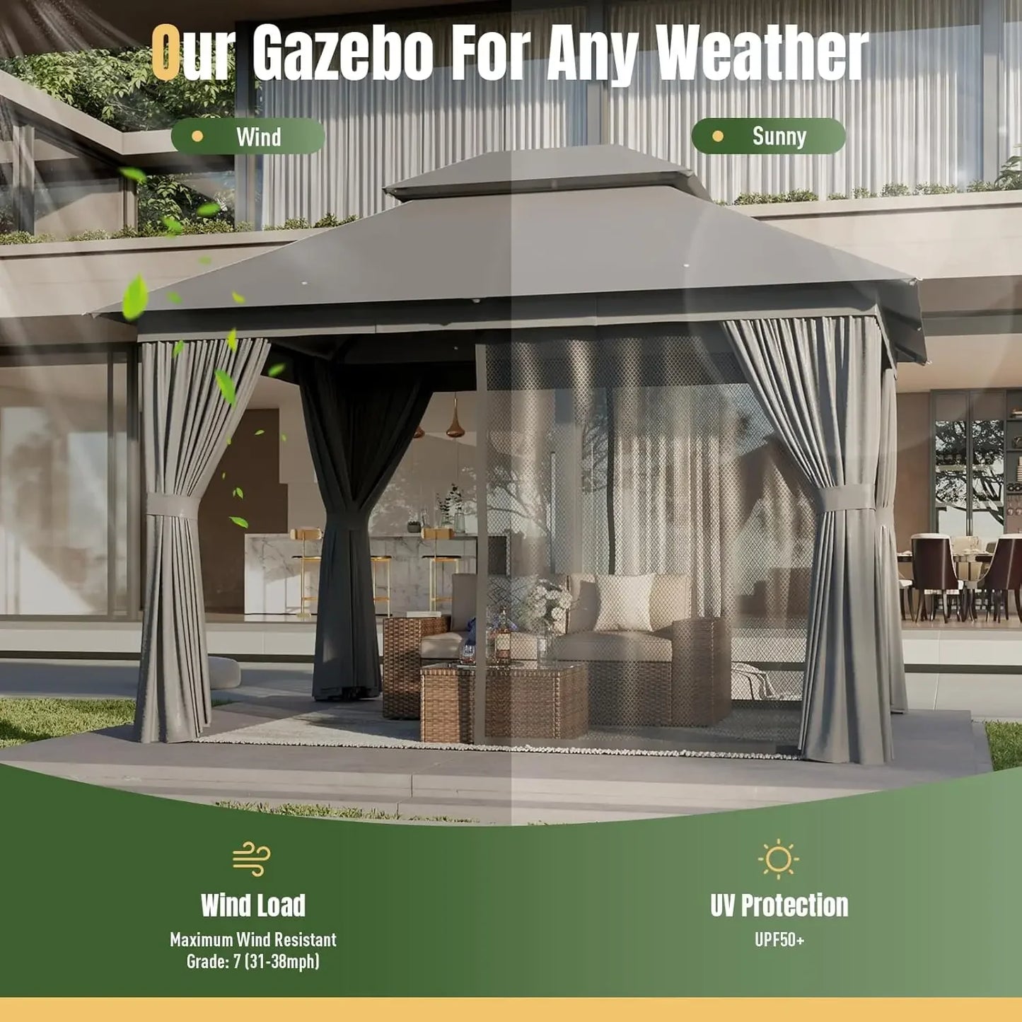 Premium Outdoor Gazebo for Patio 10x12, Metal Frame Canopy with Double Roofs, Heavy Duty Party Tent and Shelter with Mosquito Ne