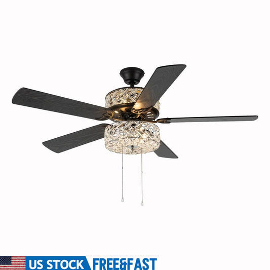 52 Inch 5 Blade Crystal LED Ceiling Fan with Light Reversible Blades Three Speed Motor Flush Mount Downrod Installation