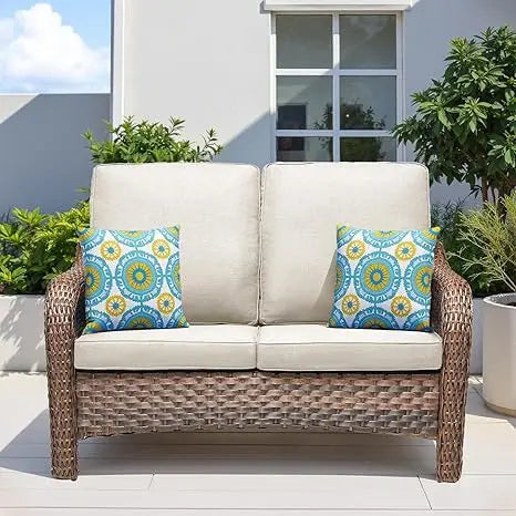 Outdoor Loveseat Patio Sofa, All Weather 2-Seat Wicker Couch with Removable Cushion, Rattan High Back Sofa Deep Seating Furnitur