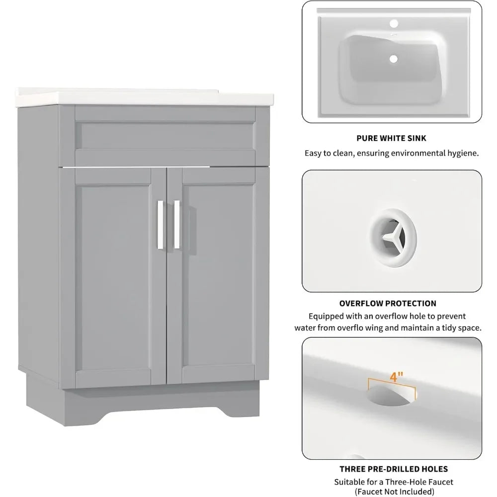 Bathroom Vanity with Ceramic Sink, Wooden Double Door Bathroom Storage Vanity with 24 Inch, Small Quick Assembly Bathroom