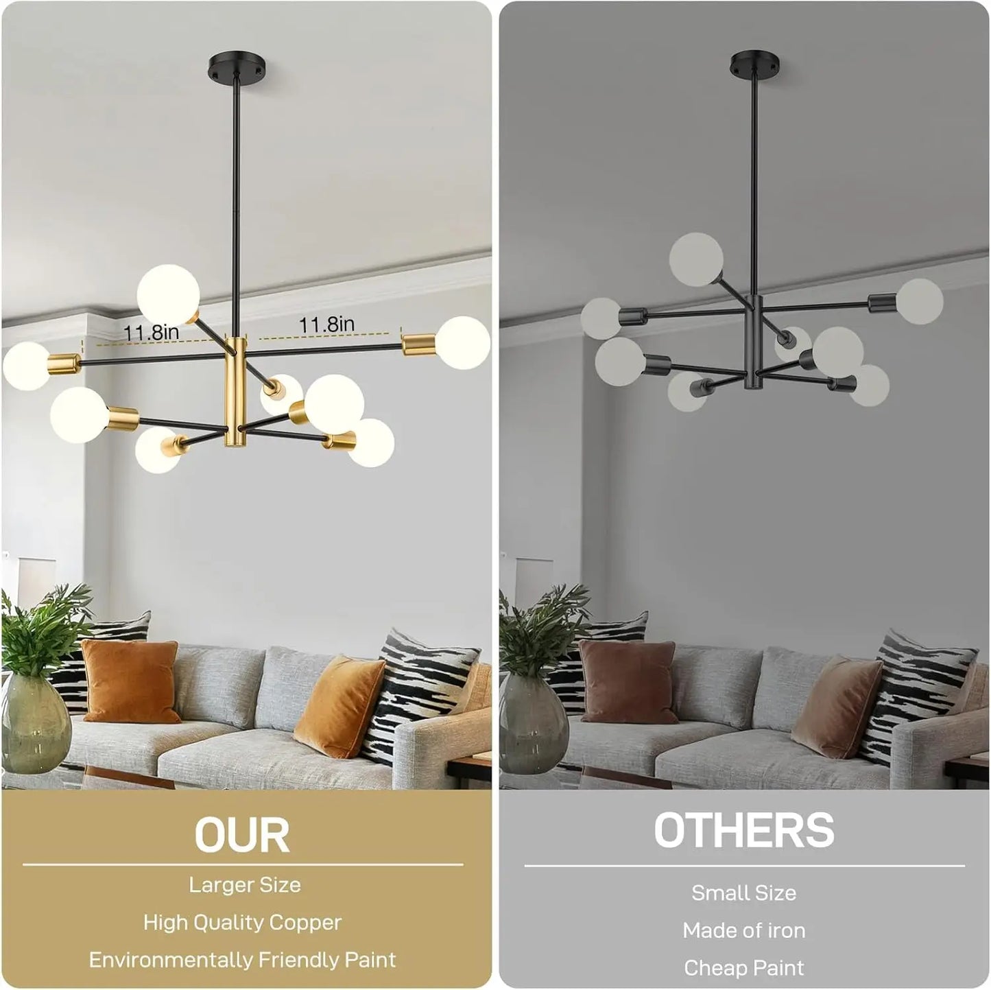 Modern Sputnik Chandelier 8 Lights Height Adjustable Ceiling Light Fixture Mid-Century Modern Gold Chandelier for Dining Room
