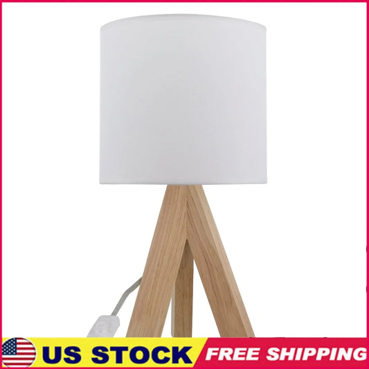 Tripod Oak Table Lamp with White Fabric Shade Modern Design Living Room Bedroom Office Desk Kids Room 60W E26 Bulb Compatible