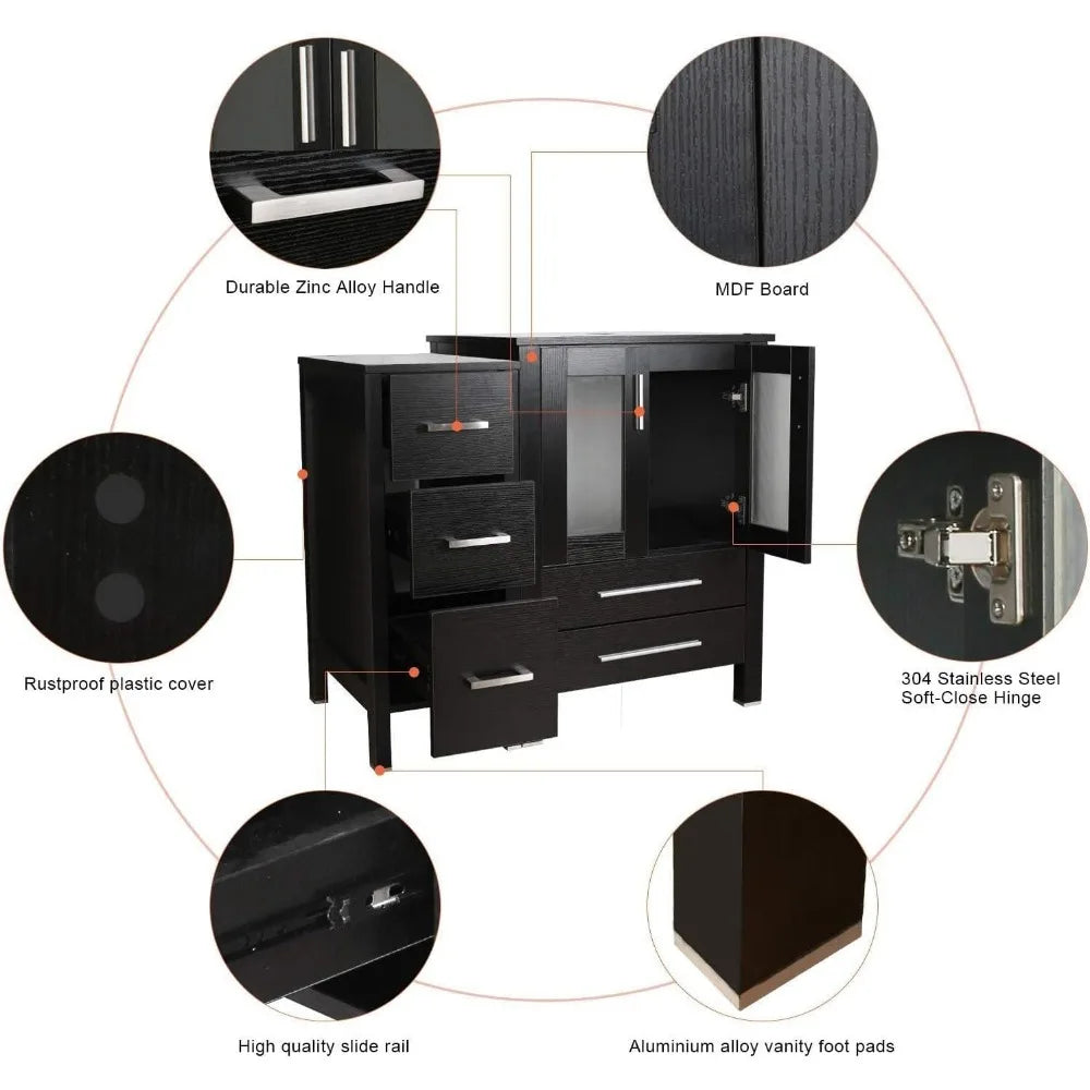 48" Modern Bathroom Vanity Sink Combo Black W/Small Side Cabinets Clear Boat Glass Vessel Sink & Water Save Faucet & Pop Up Dra