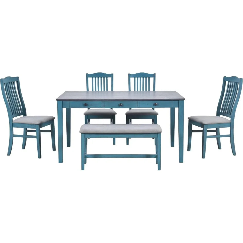 6 Piece Kitchen Table Set with Bench and Chairs Farmhouse Solid Wood Dining Room Table Set with Drawers and Upholstered Seating