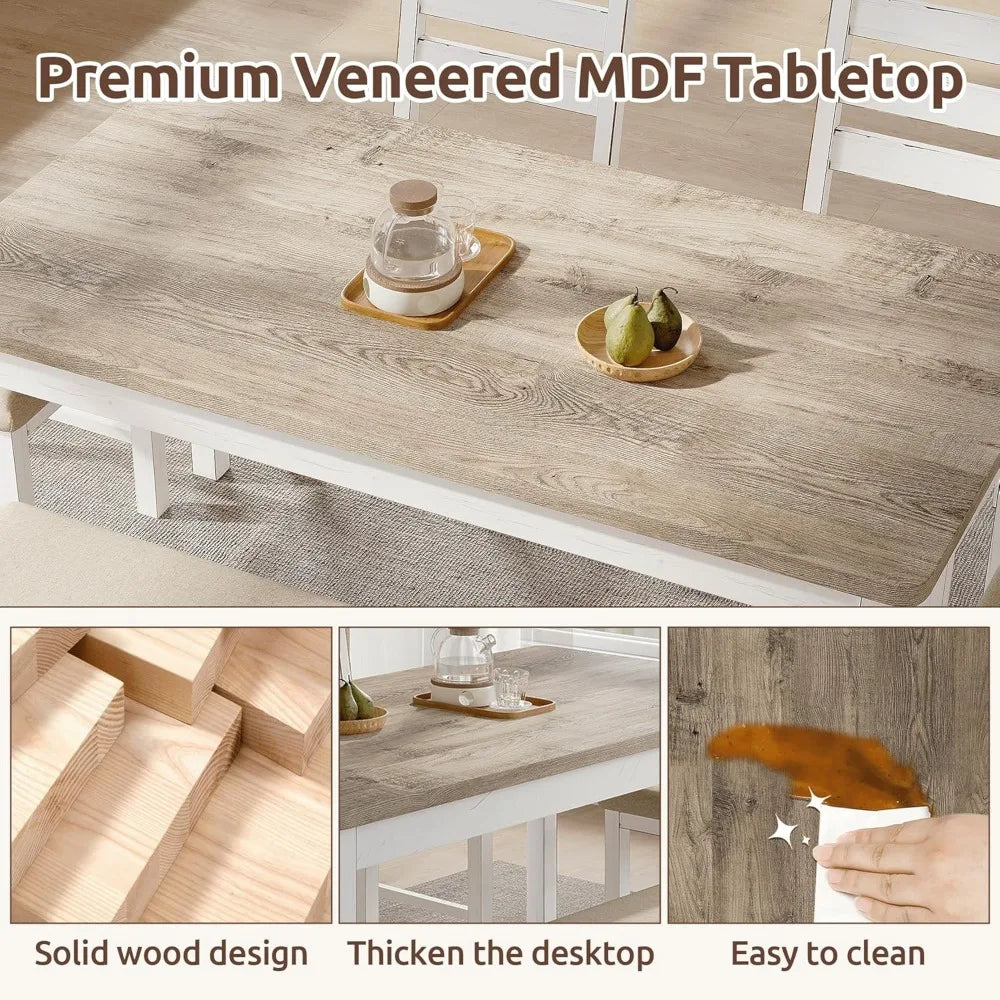59" Dining Table Set Farmhouse Rectangular White Kitchen Room Table & Chairs Set Solid Wood Stable Space Saving Easy Clean