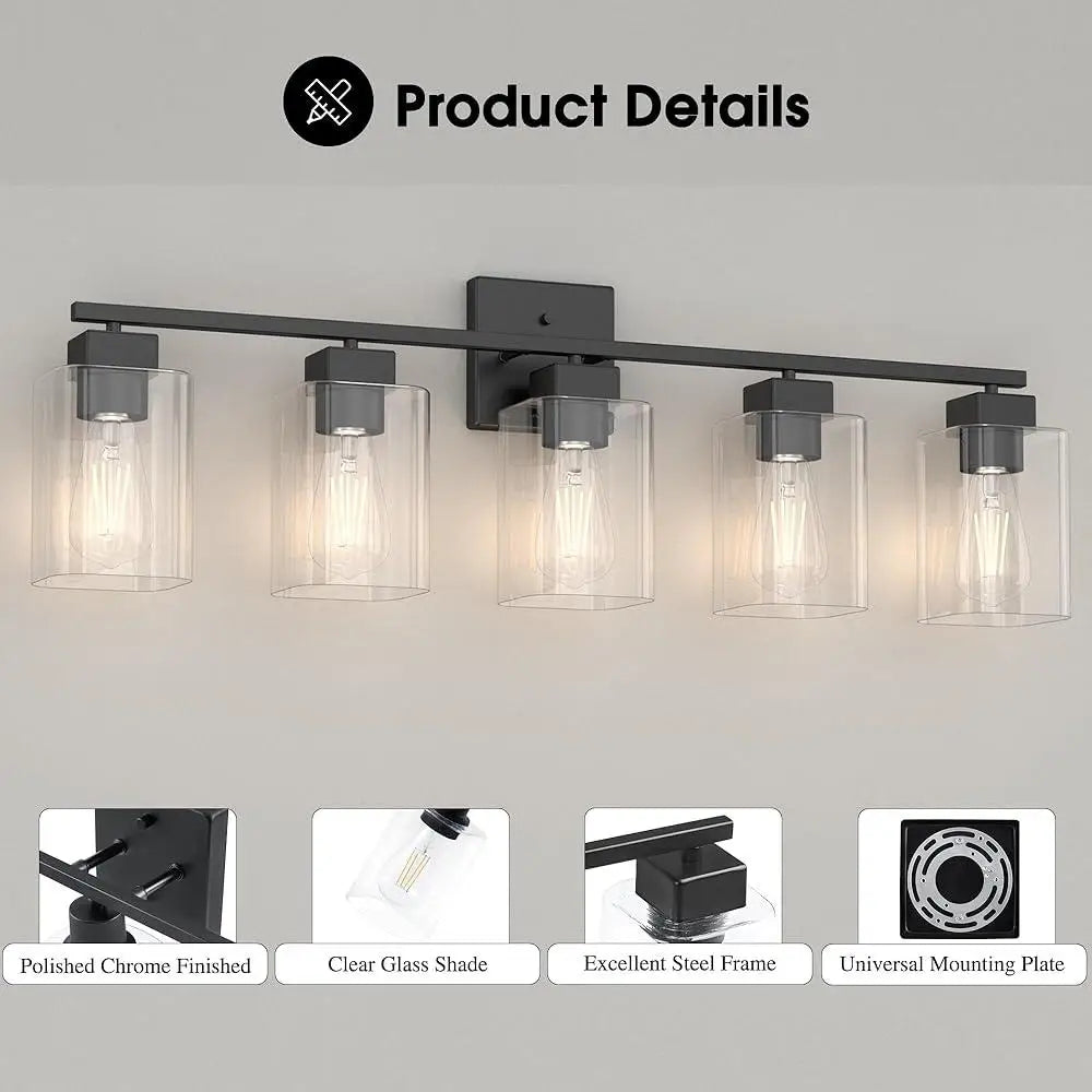 5 Light Bathroom Vanity Light Fixtures Matte Black Square Design UL Certified Over Mirror Lighting Bedroom Living Room Kitchen