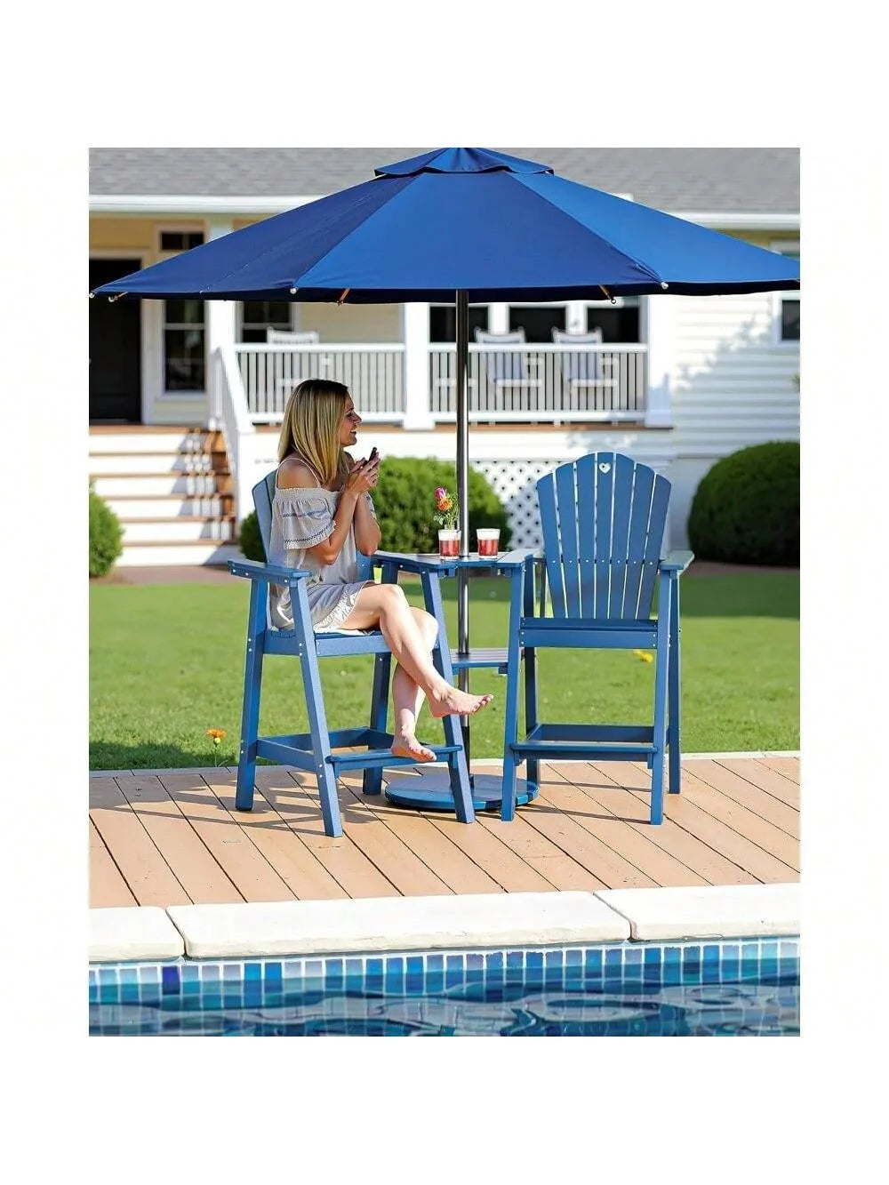 Tall Adirondack Chairs Set of 2 with 2-Layer Connecting Table, HDPE Bar Height Outdoor Table and Chairs with Umbrella Hole