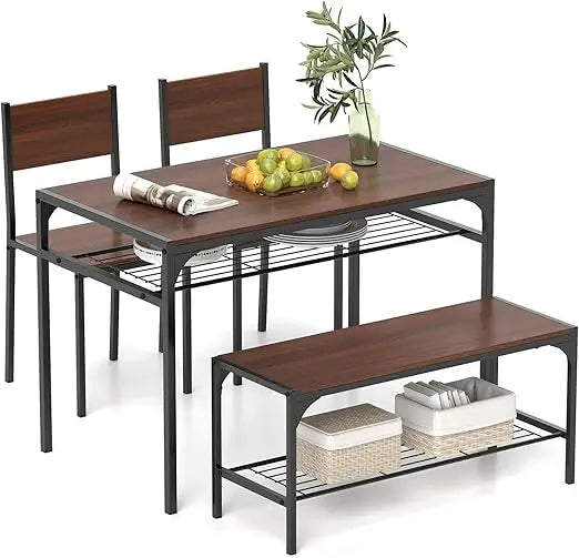 Dining Table Set for 4, Kitchen Table with Bench and Chairs, Industrial Gathering Bench Dining Set W/Metal Frame & Storage Rack