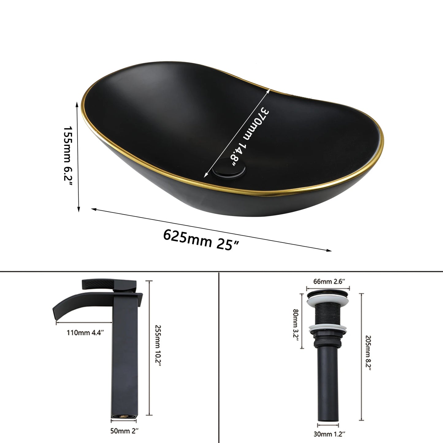 ZAPPO Matte Black Bathroom Sink Oval Large Porcelain Vessel Sink with Faucet Drain Combo Above Counter Wash Basin Sink bowl