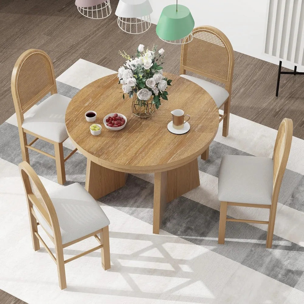 5-Piece Retro Functional Dining Set, Solid Wood Extendable Dining Table with 4 Upholstered Chairs and Rattan Backrests