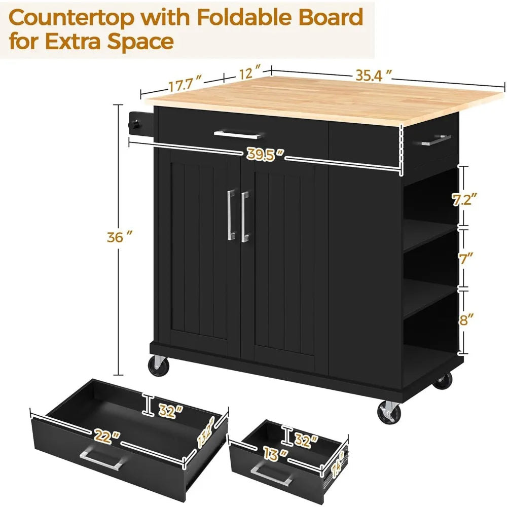 Rolling Kitchen Island Cart with Drop Leaf, Portable Rubberwood Breakfast Bar with Storage Cabinet, Open Shelves & Detachable T
