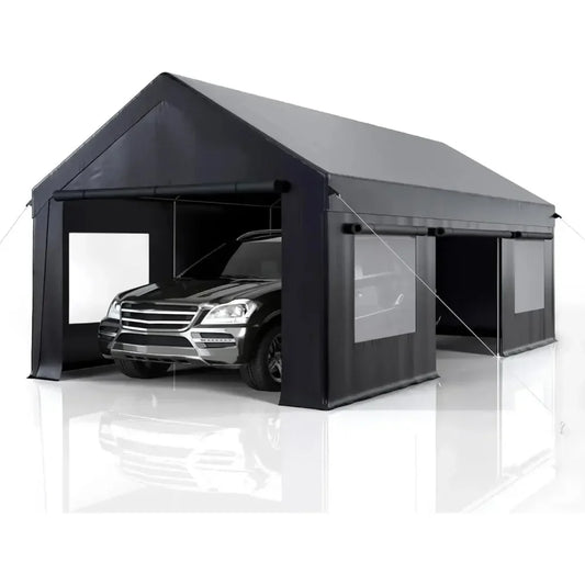 12' X 20' Heavy Duty Portable Garage, Carport Canopy with Side Door and Roll-Up Window, Carport Canopy Reinforced Four-Hole Base