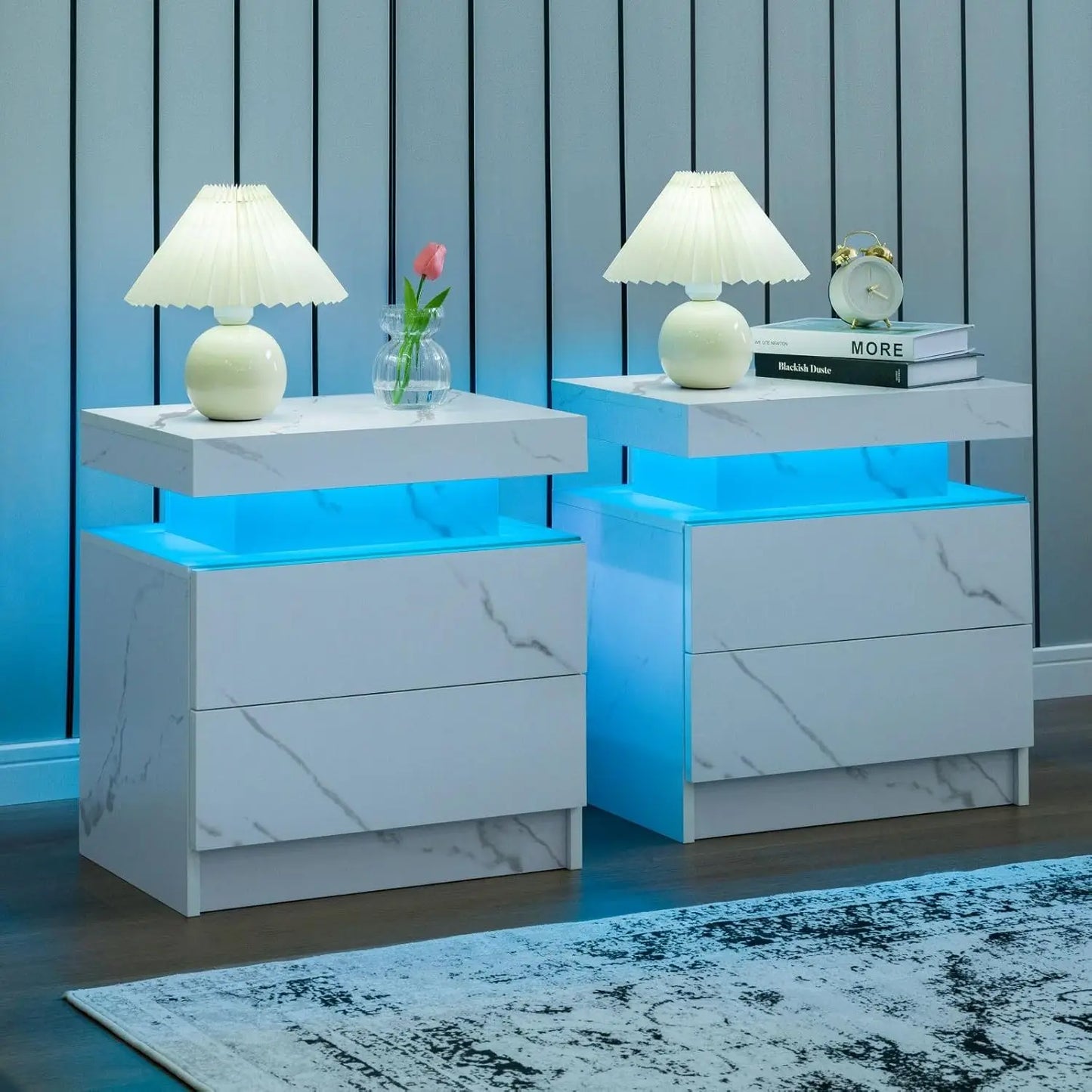 LED Nightstand Set of 2 with 2 Drawers, Bedside Table with Drawers for Bedroom Furniture, Side Bed Table
