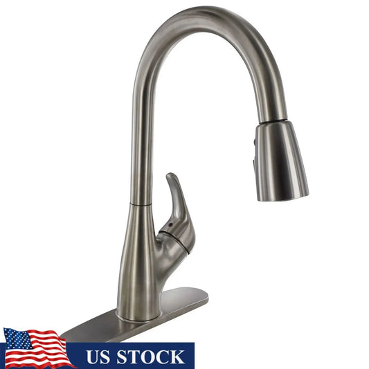 Hybrid Kitchen Faucet Single Handle Pull Down Sprayer High Arc Spout Ceramic Disc Valve Brushed Nickel Finish Adjustable