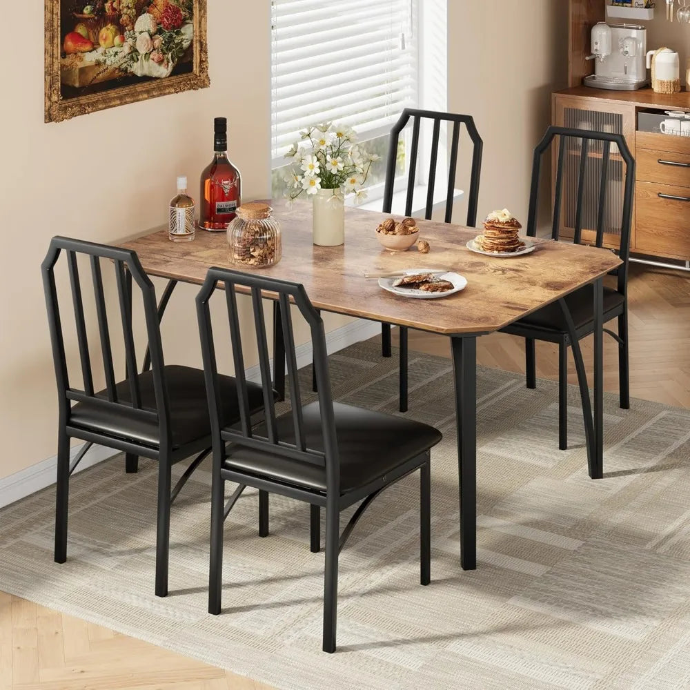 Dining Table Set for 4,Kitchen Table and Chairs for 4 with with Chamfer Design, 5 Piece Dining Room Table Set with Cushion Seats