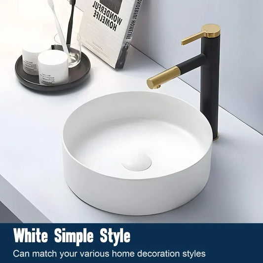 14 inch White Ceramic Bathroom Sink Round Countertop Sink, Bathroom Wash Basin, Dressing Table Sink, Without Faucet
