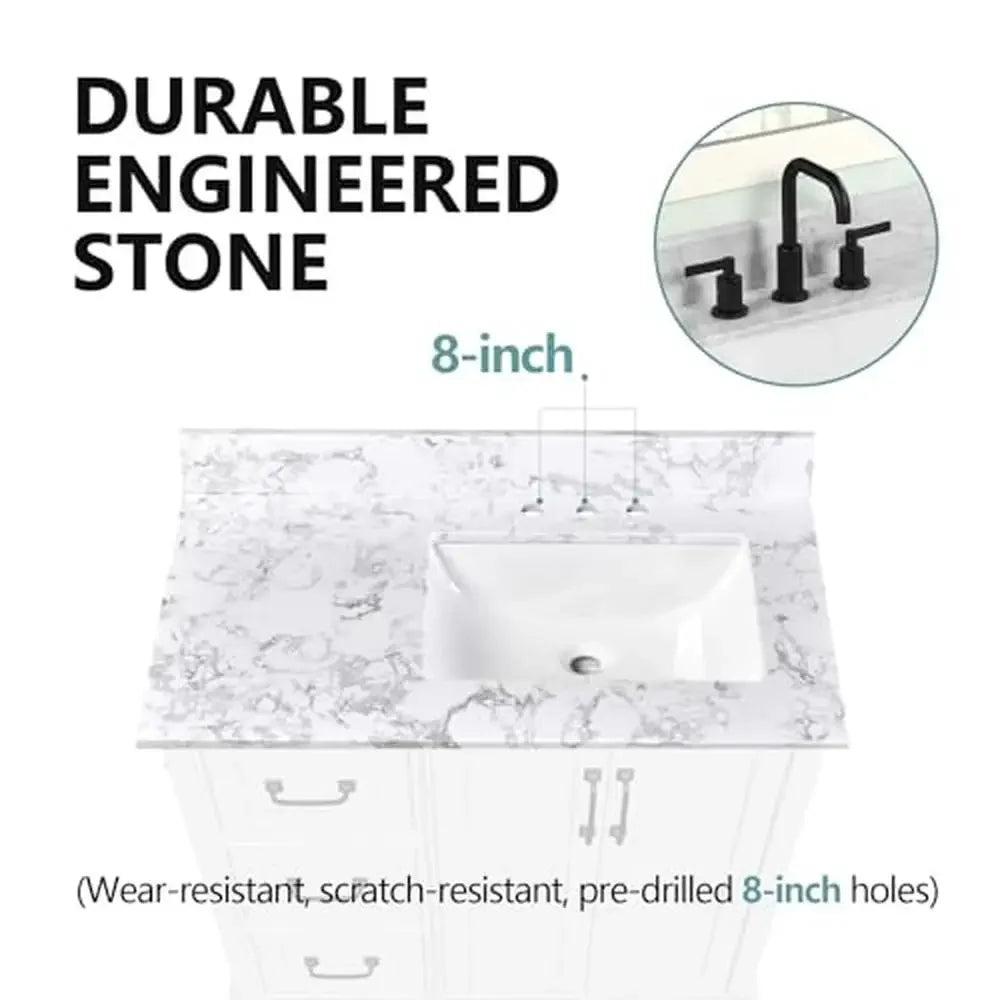 36x22 Inch Bathroom Vanity Top with Right Offset Sink Engineered Stone Countertop 8" Faucet Holes 4" Backsplash Ceramic Sink