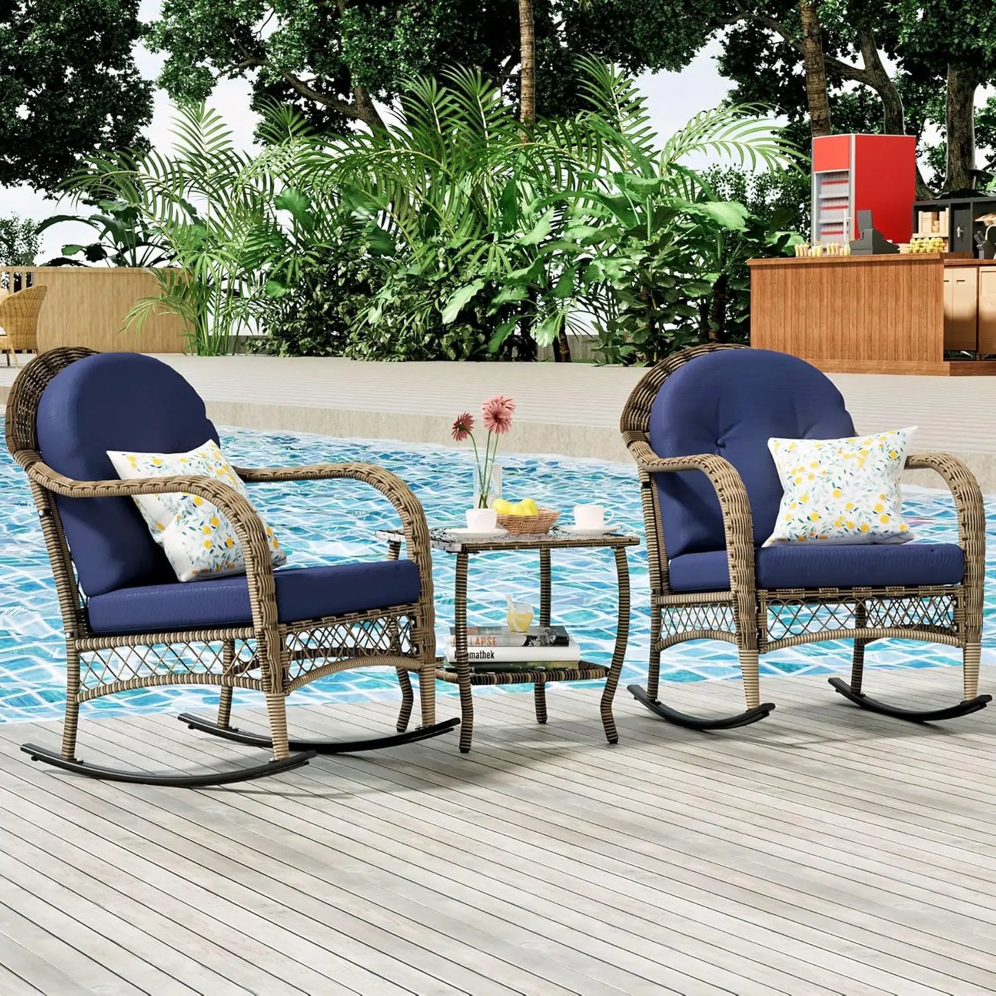 3 Pieces Patio Conversation Set, Lounge Rocking Chair with Cushion and Coffee Table, Wicker Bistro Set, Outdoor Furniture for Po