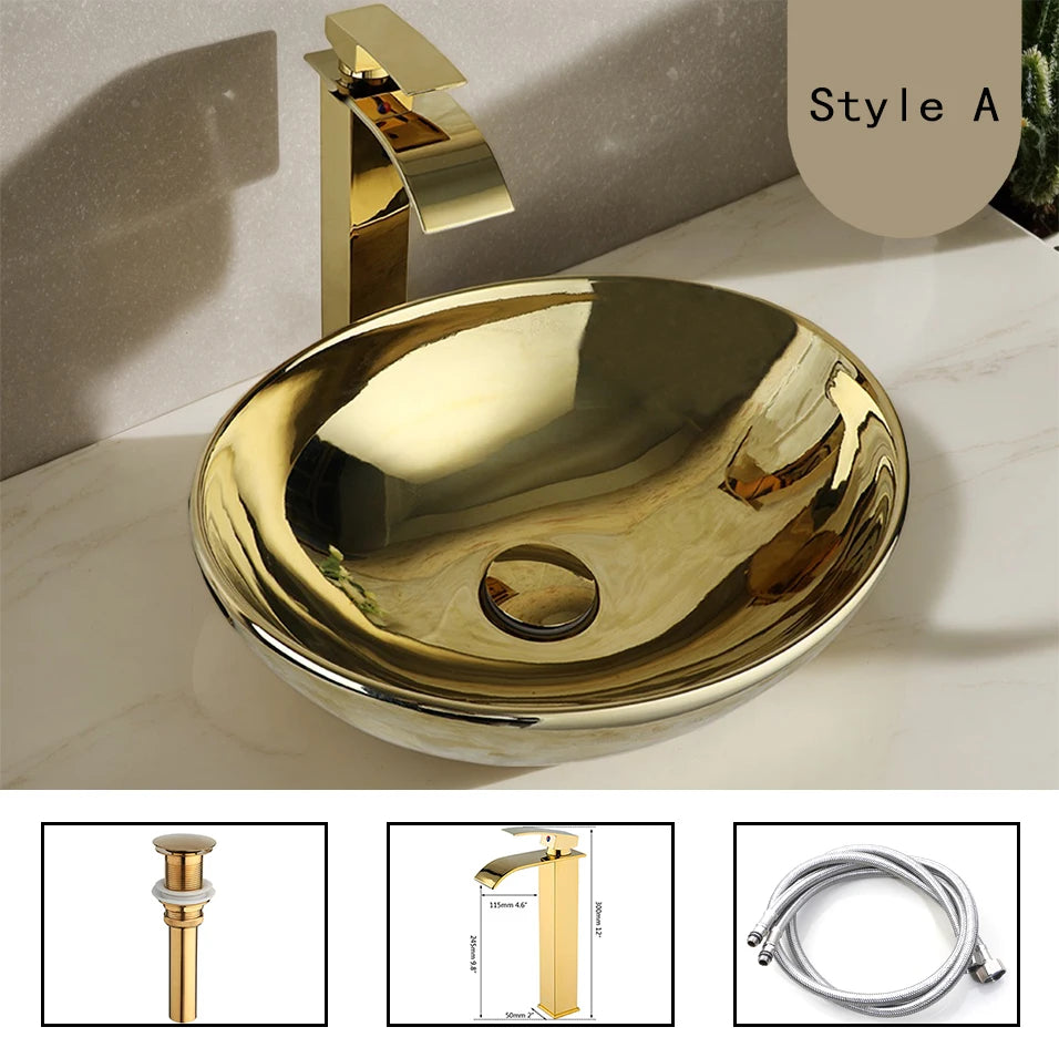 JIENI Gold Ceramic Vessel Sink Set Modern Bowl Washbasin Golden Faucet & Pop Up Drain Combo Basin Tap kit For Luxury Bathrooms