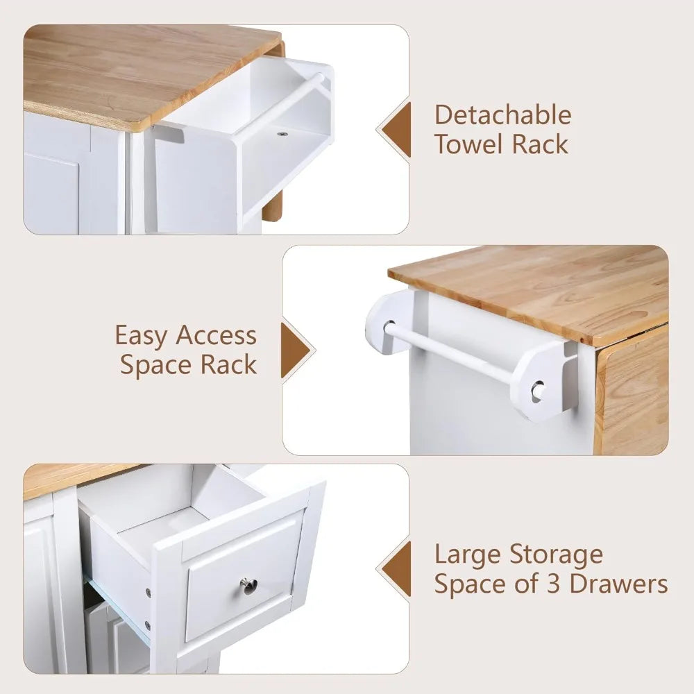 Rolling Kitchen Island on Wheels with Drop-Leaf, Mobile Kitchen Island Cart with 3 Drawers Storage Cabinet, Wood Countertop, Ad