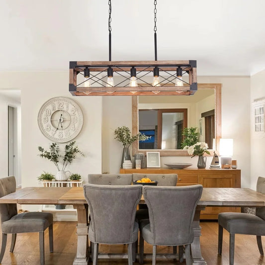 Farmhouse Kitchen Island Lighting 5 Light Wood Chandelier for Dining Room Adjustable Height Pendant Lamp Fixture for Bar Table