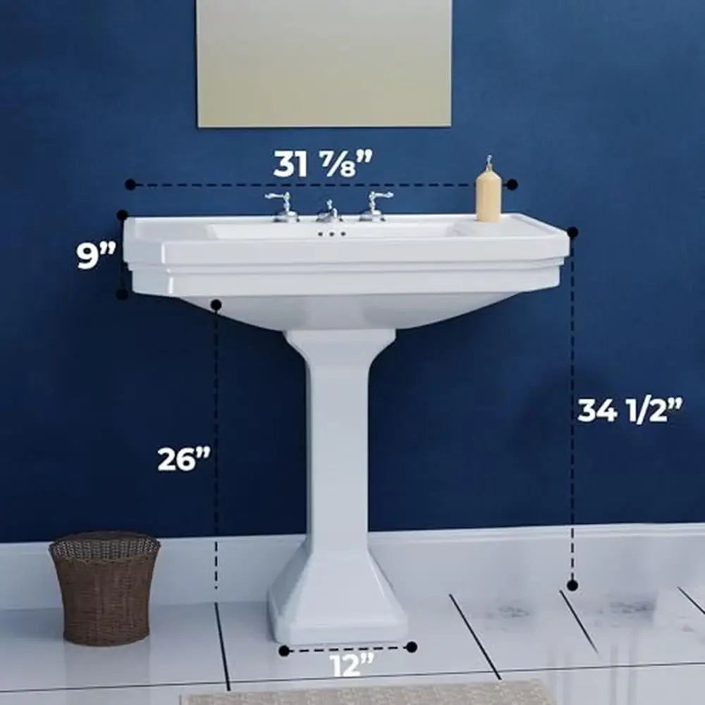 32" Victorian White Bathroom Pedestal Sink Combo Heavy Duty Widespread Faucet Holes Overflow Tall Console Vintage Charm Durable