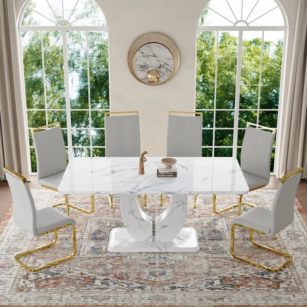 Dining Table Set 6,White Faux Marble Dining Room Table Set 6，63" Rectangle Kitchen Table Chairs Set of 6 Dining Kitchen Room
