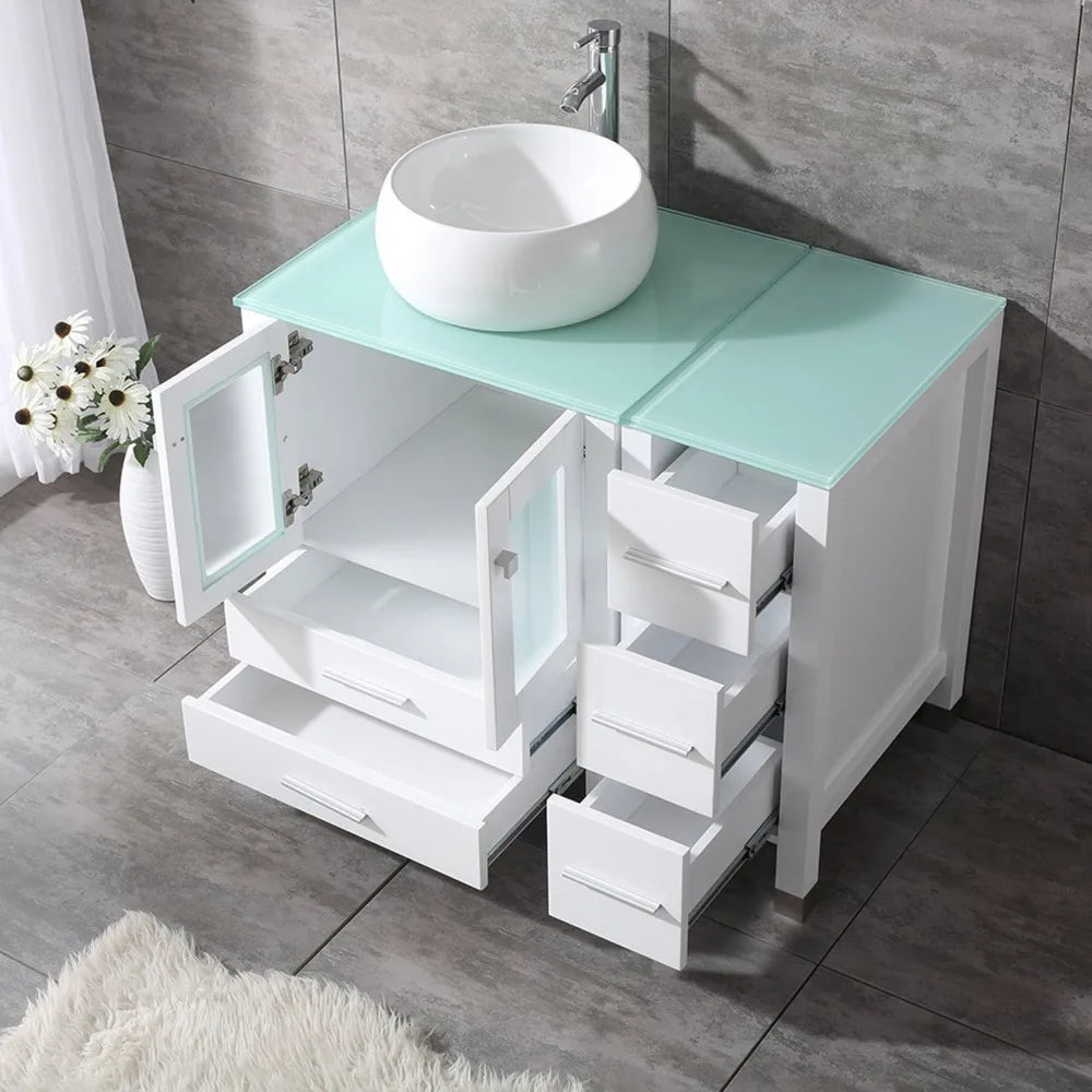 36” White Bathroom Wood Vanity Cabinet Top Ceramic Vessel Sink Faucet Drain Combo with Mirror Vanities Set