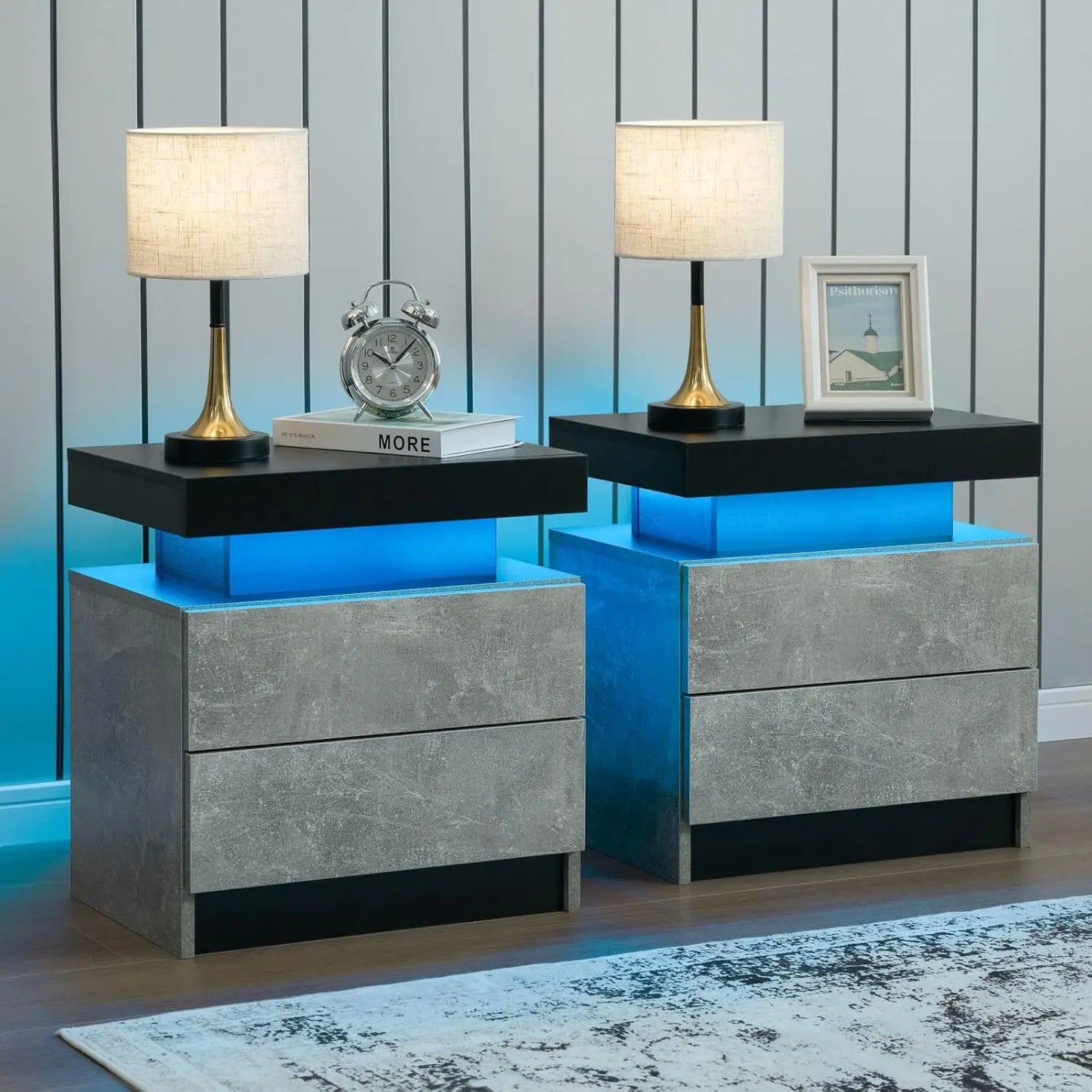 LED Nightstand Set of 2 with 2 Drawers, Bedside Table with Drawers for Bedroom Furniture, Side Bed Table