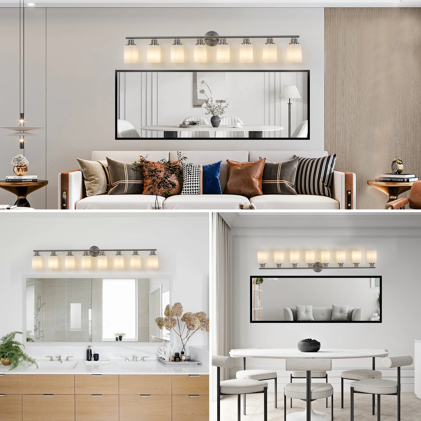 52" Modern 8-Light Vanity Bathroom Mirror Light, Frosted White Glass with Iron Frame, Contemporary Wall Sconce