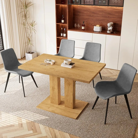 Dining Table Set – 46" Modern Oak Table with 4 Faux Leather Chairs, Rectangular Kitchen & Dining Set