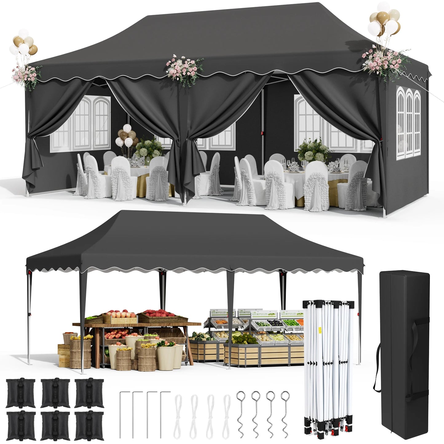 Canopy 3x6m Pop Up Pavilion Gazebo Tent with All Sidewalls, Waterproof Commercial Canopy Outdoor Instant Gazebo UV50+ Party Tent