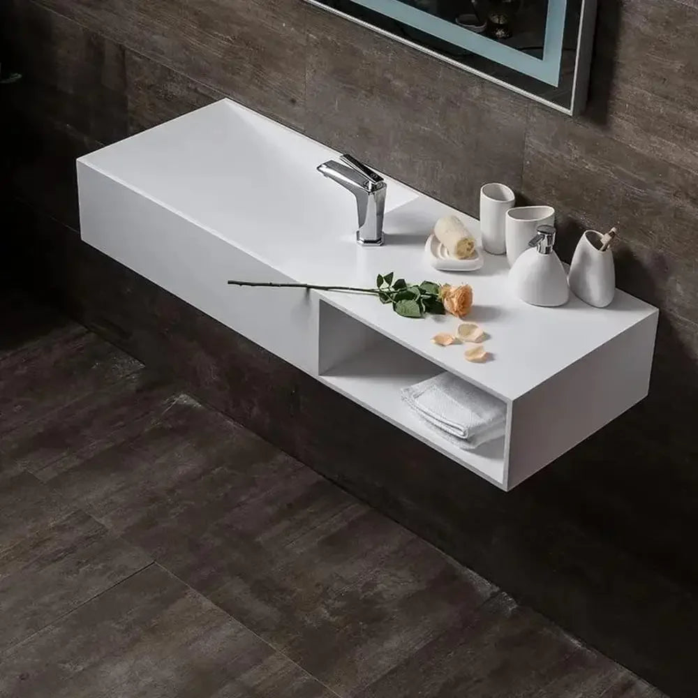 Modern Matte White Wall-Mount Bathroom Sink with Storage Cubby Durable Stone Resin Construction