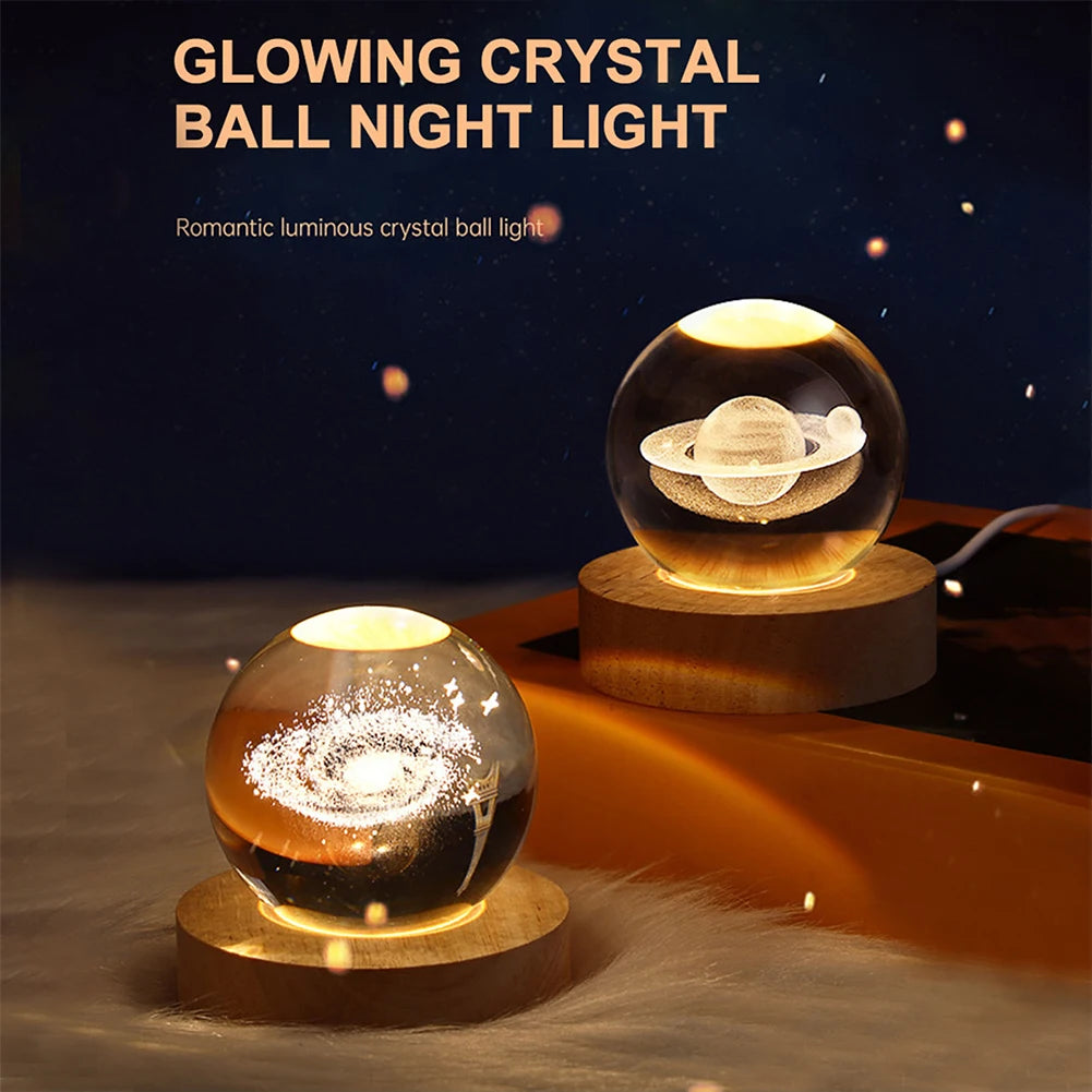 LED Crystal Ball Night Light Crystal Ball Lamp with Wooden Base Solar System Crystal Ball USB Charging for Home Decor