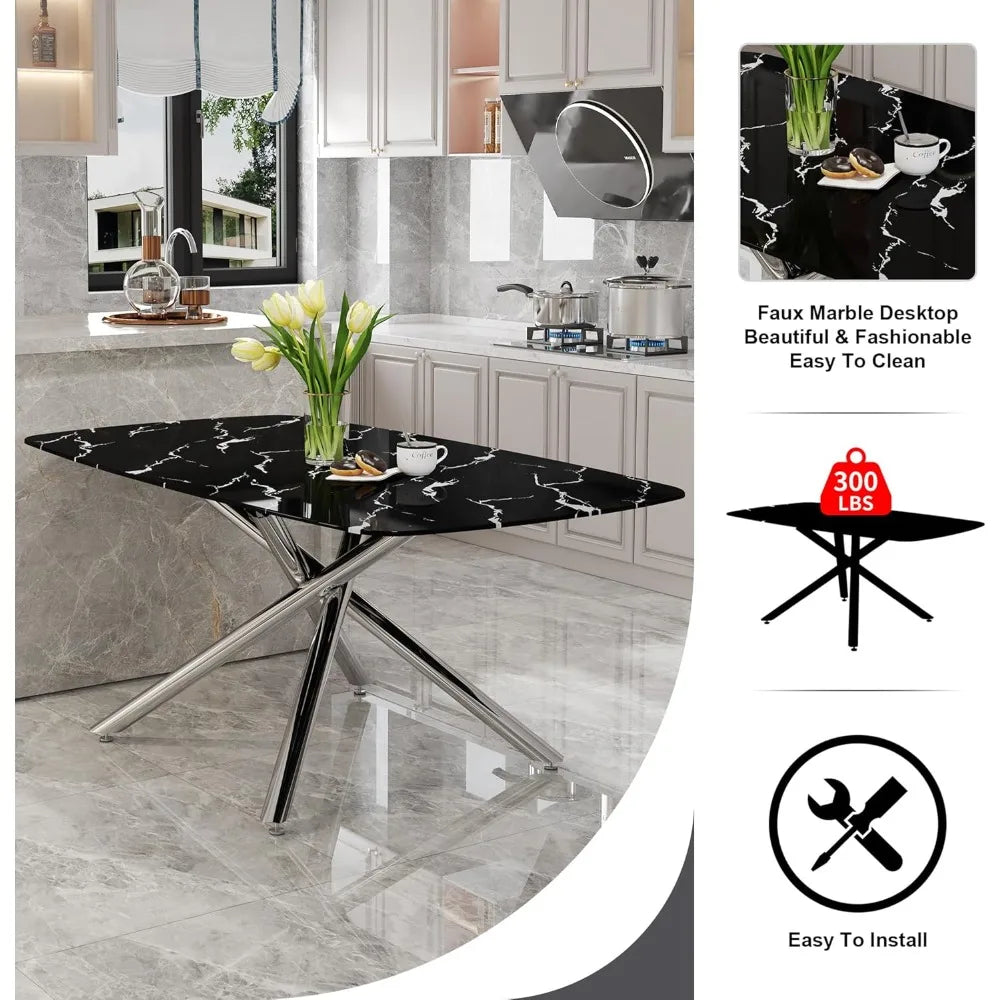 Modern Dining Table Set for 6, 63" Dinner Table Set for 6,Marble-Patterned Tempered Glass Kitchen Tabletop Silver Legs and 6 Bla