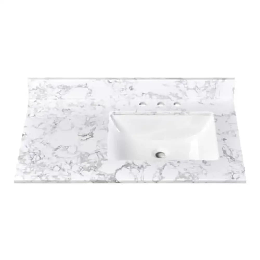 36x22 Inch Bathroom Vanity Top with Right Offset Sink Engineered Stone Countertop 8" Faucet Holes 4" Backsplash Ceramic Sink