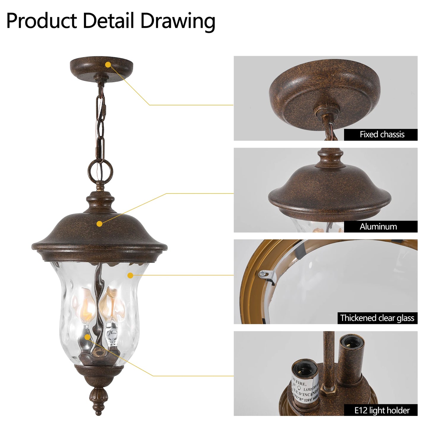 Rustic Outdoor Hanging Lantern, Weatherproof Vintage Pendant Light with Clear Glass Shade, Exterior Lighting Fixture (No bulb)