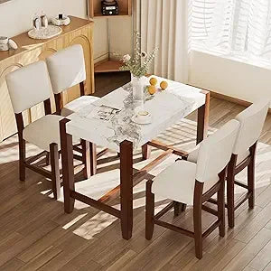 5-Piece Counter Height Dining Set with 1 Faux Marble Top Bar Table and 4 Upholstered Chairs, Mid-Century Modern Kitchen Table S