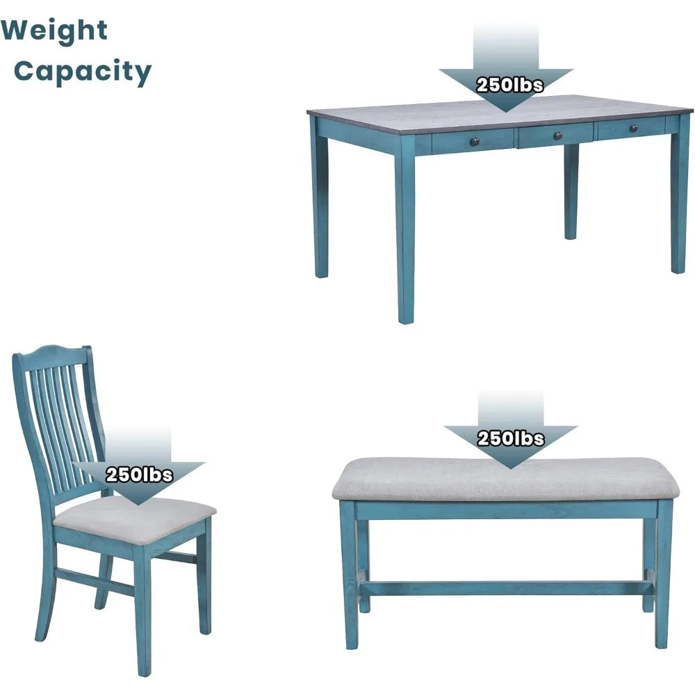 6 Piece Solid Wood Dining Table Set, Farmhouse Kitchen Table Set with 4 Upholstered Chairs, Bench and Storage Drawers, Antique B