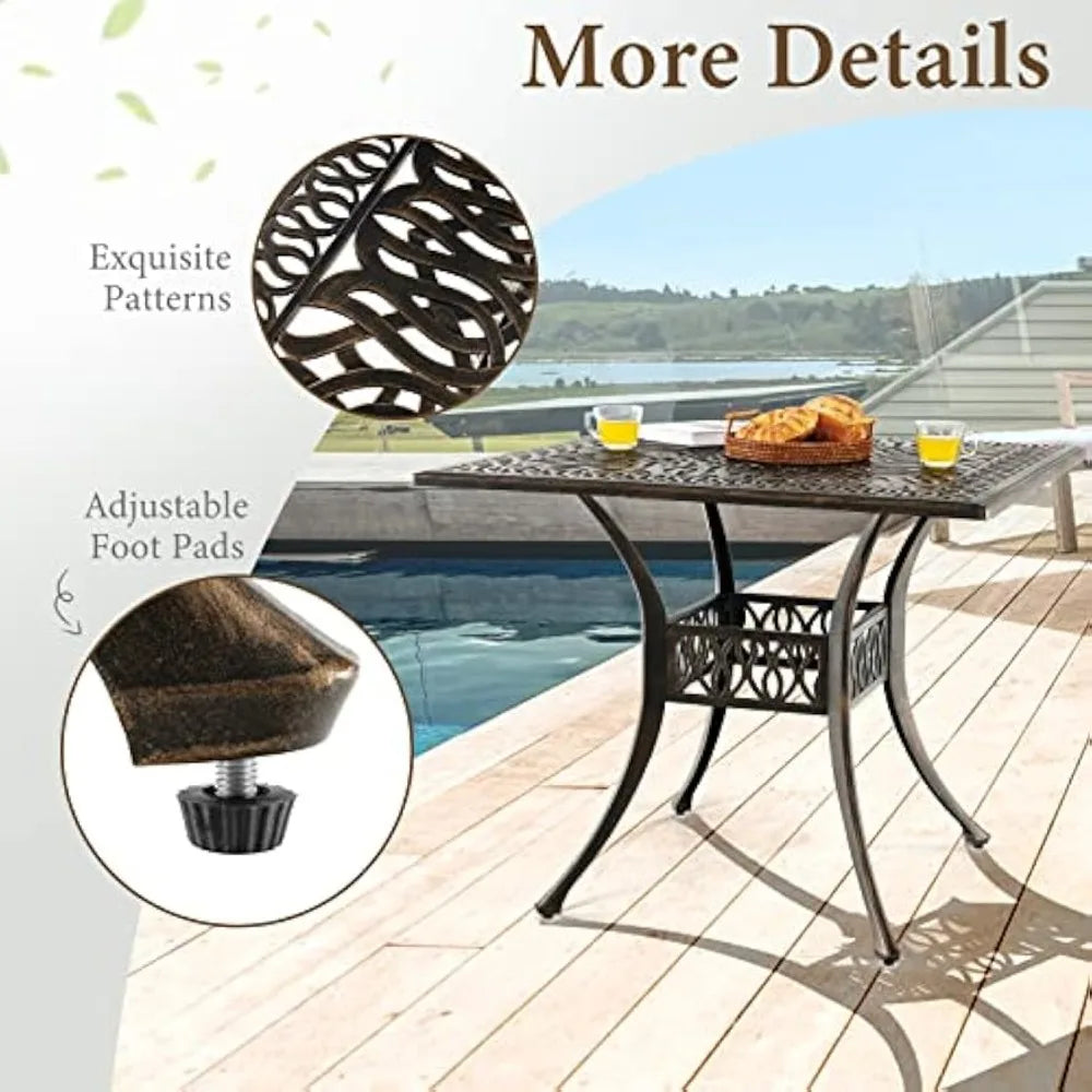 35.4 inches outdoor dining table, all-weather cast aluminum table with 2.2” umbrella hole, 4 person square dining table for gar