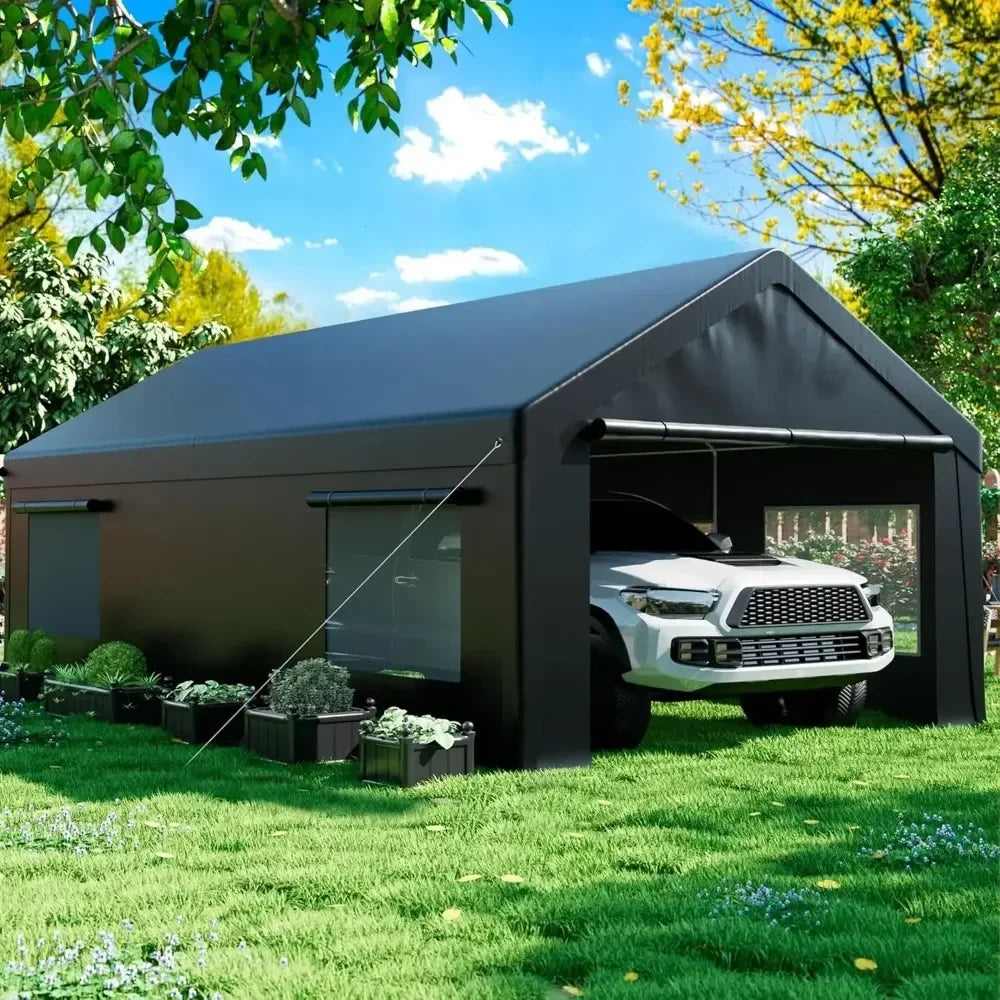 12' X 20' Heavy Duty Portable Garage, Carport Canopy with Side Door and Roll-Up Window, Carport Canopy Reinforced Four-Hole Base