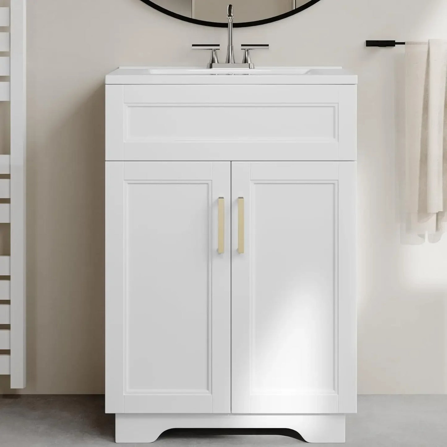 Bathroom Vanity with Ceramic Sink, Wooden Double Door Bathroom Storage Vanity with 24 Inch, Small Quick Assembly Bathroom