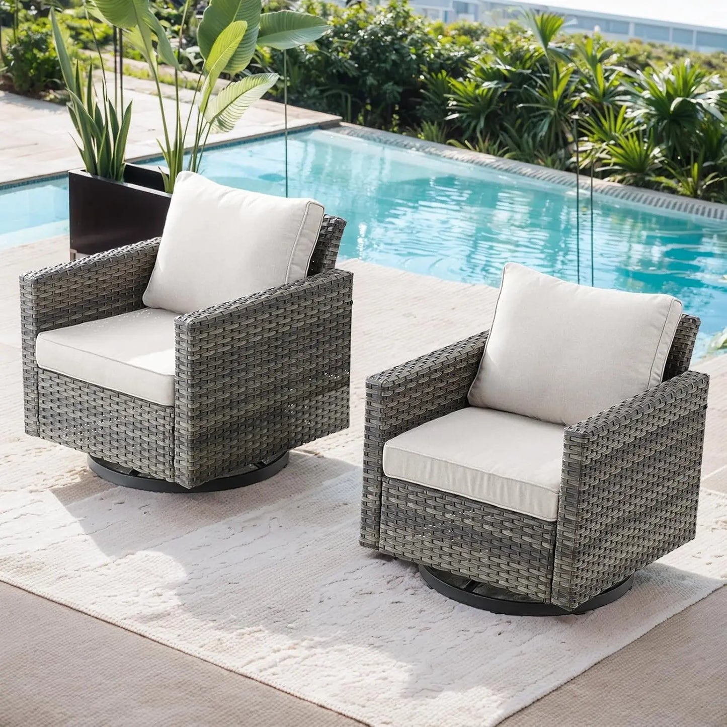 3-Piece Patio Swivel Chairs,PE Wicker Outdoor Rocking Chairs Bistro Set with Side Table Porch Balcony Furniture with Cushions