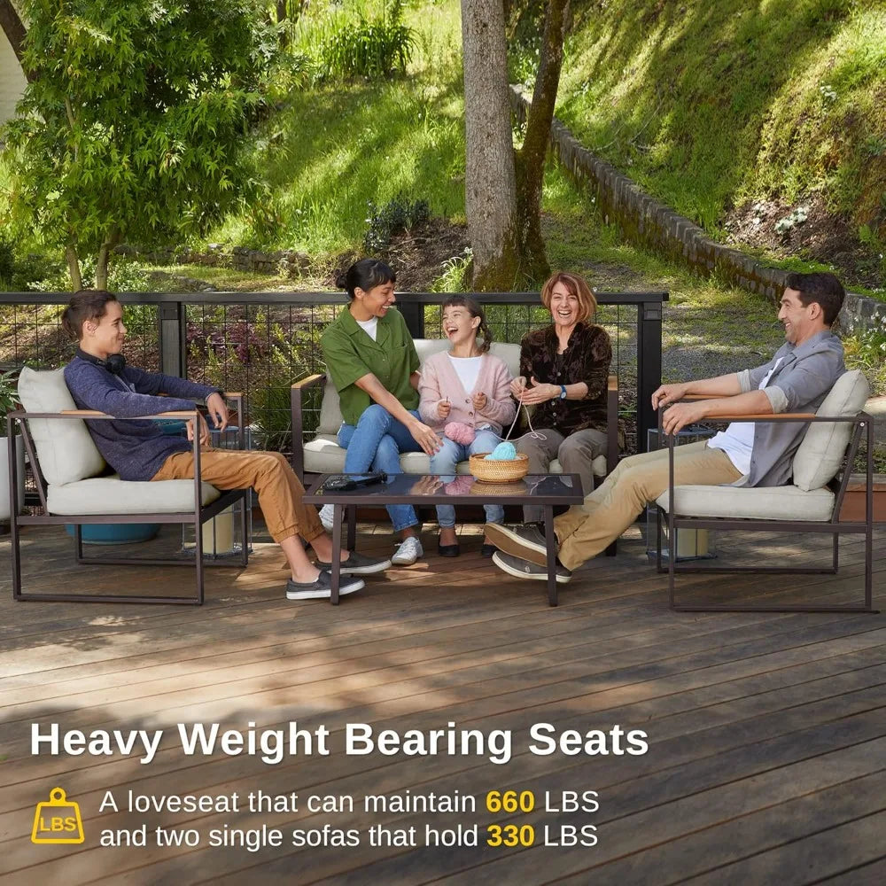 patio furniture set, 4-piece outdoor patio set with sofa, removable & washable deep seating cushion, tempered glass table, outs