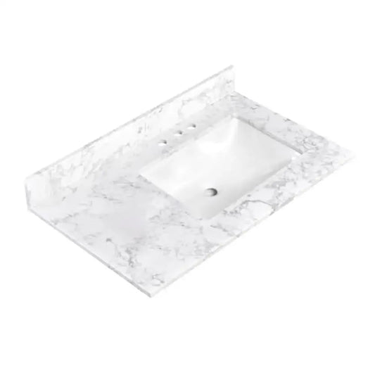 36x22 Inch Bathroom Vanity Top with Right Offset Sink Engineered Stone Countertop 8" Faucet Holes 4" Backsplash Ceramic Sink