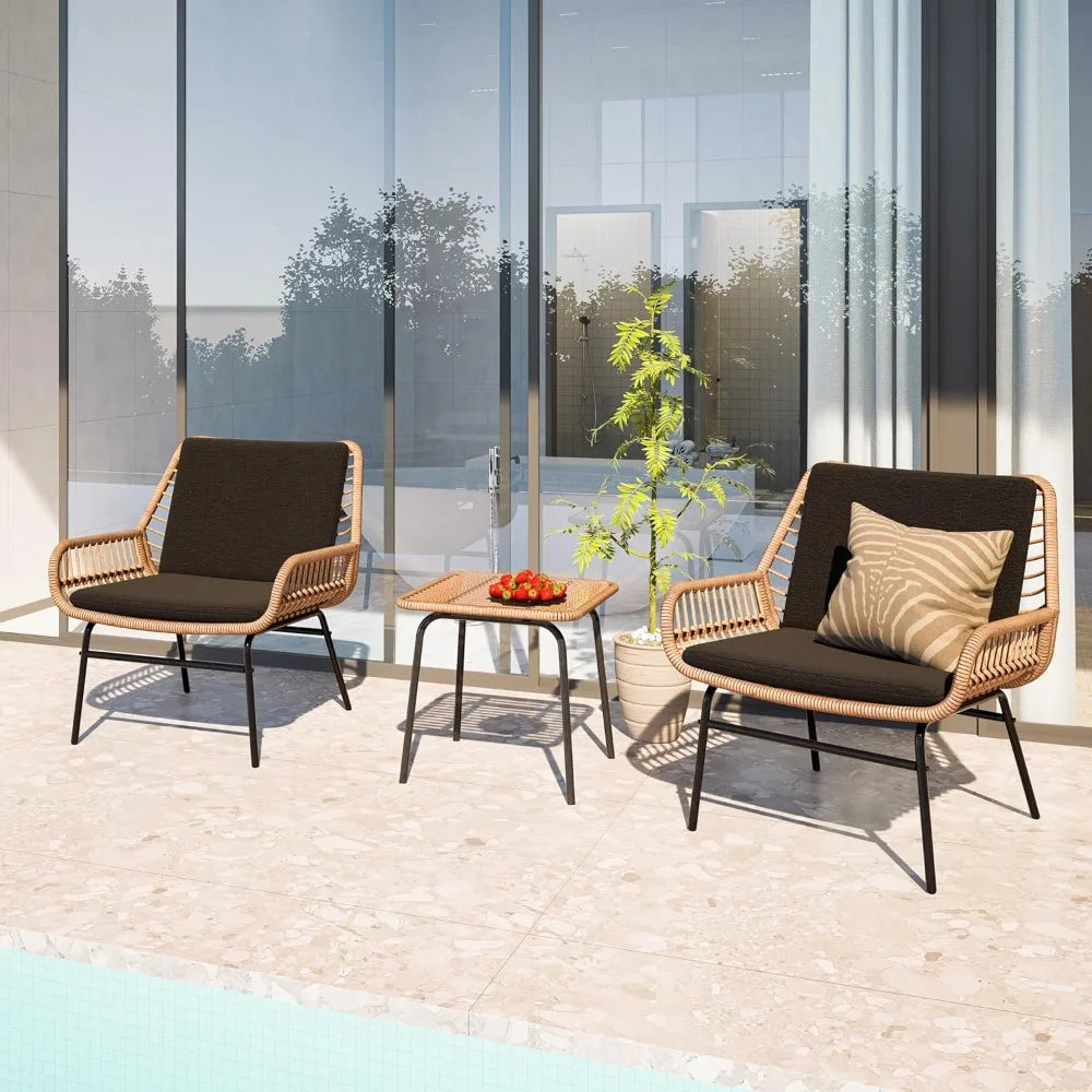 3 Piece Outdoor Patio Furniture Set, Rattan Patio Bistro Sets, All-Weather Wicker 2 Chairs with Cushions and Coffee Table