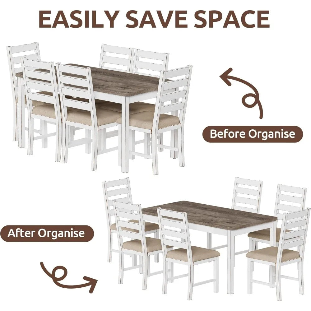 59" Dining Table Set Farmhouse Rectangular White Kitchen Room Table & Chairs Set Solid Wood Stable Space Saving Easy Clean