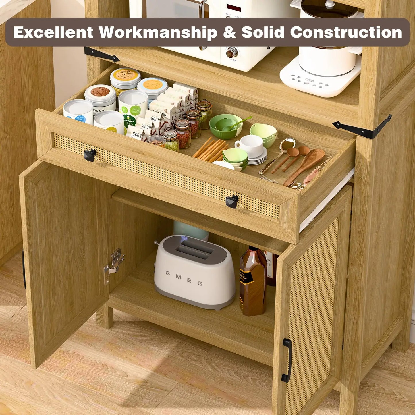 Vabches Kitchen Pantry Cabinet with Drawer & 4 Rattan Doors 69'' Tall Freestanding Wood Storage Cabinet for Kitchen Living Room