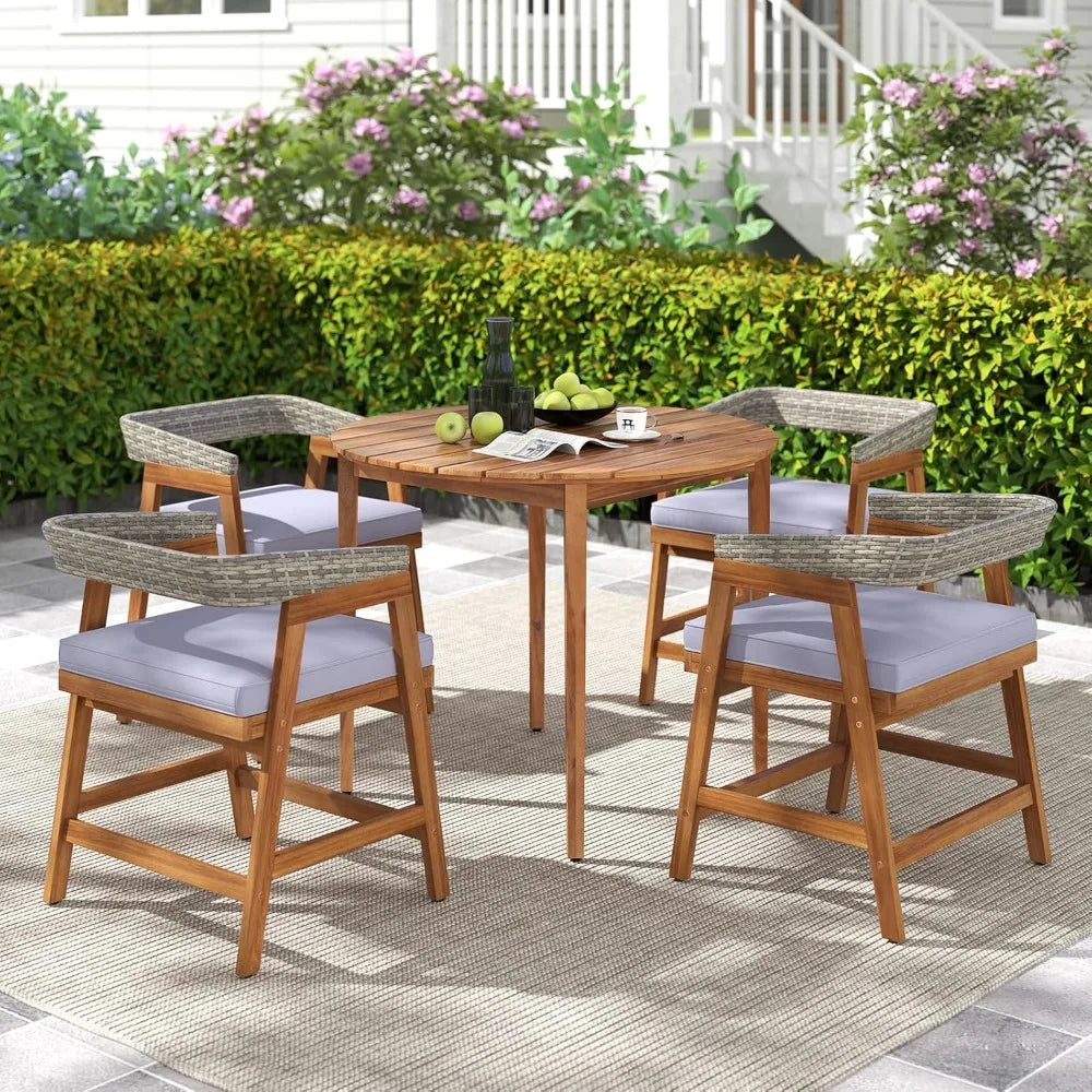 5 piece patio dining set for 4, outdoor solid wood round table with cushioned chairs, for deck, lawn, garden and poolside